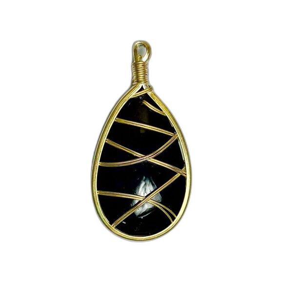 Black Teardrop Shape Stone Wrapped in Gold Wire Pendant - Picture 1 of 2